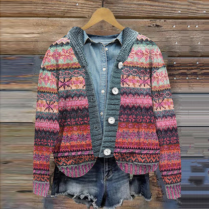 Vintage Knitted Snowflake Geometric Print Button Hooded Cardigan