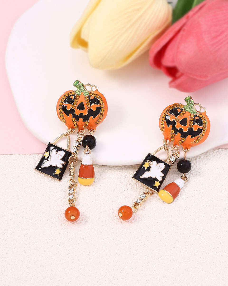 Halloween Oil Drop Zirconia Pumpkin Skull Tassel Earrings