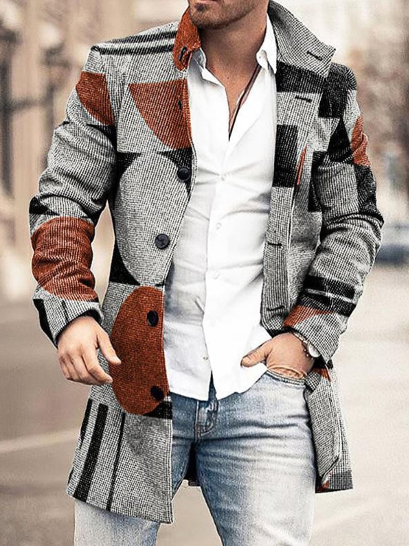 Men's Retro Buttoned Stand Collar Printed Woolen Jacket