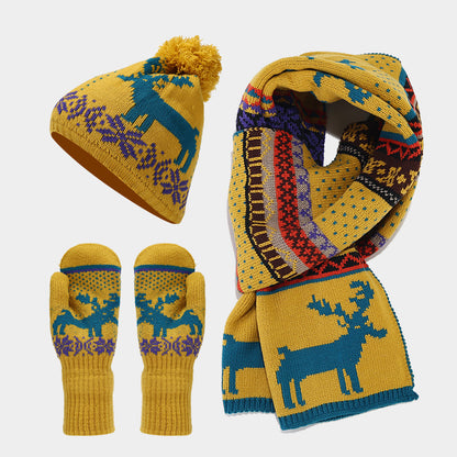 Unisex Christmas Warm Hat Gloves Scarf Knitted Elk Set