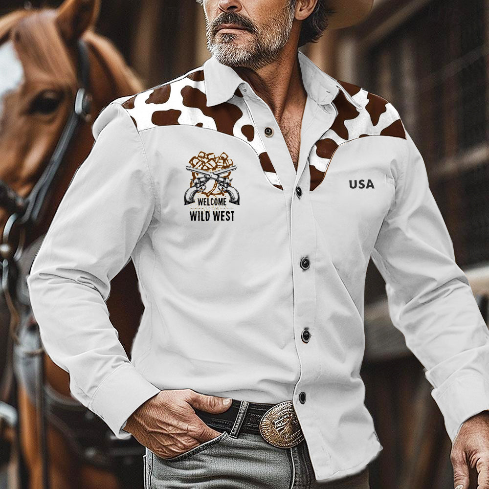 Men's Western Country Wild West Pistol USA Logo Print Long Sleeve Shirt