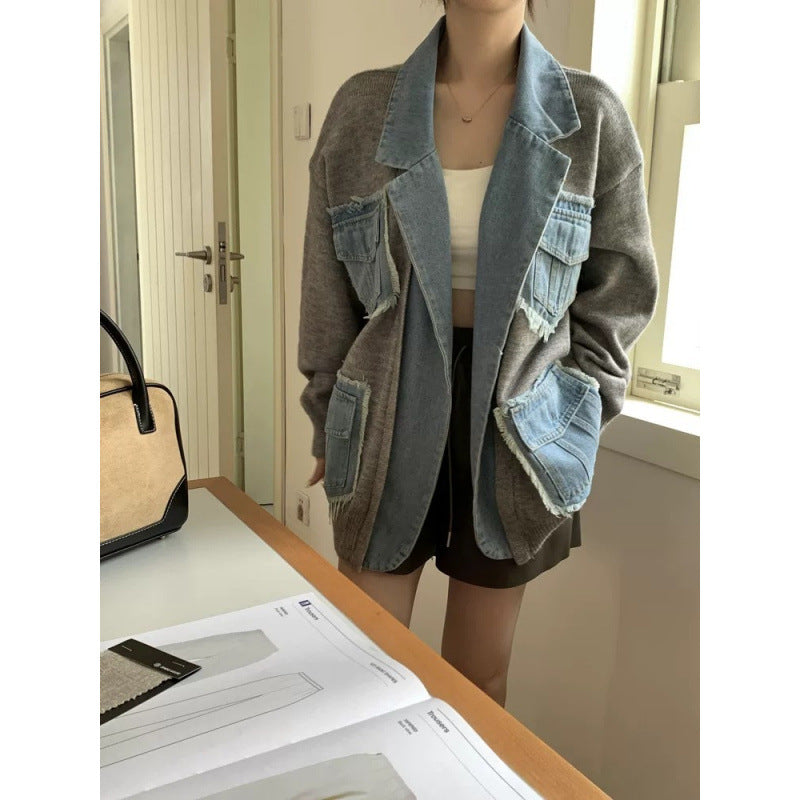 Denim Patchwork Sweater Jacket Design Loose Casual Versatile Knitted Cardigan