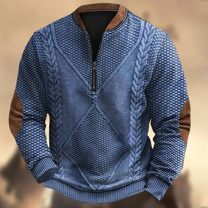 Men's Vintage Western Knit Print Zipper Stand Collar Casual Sweatshirt