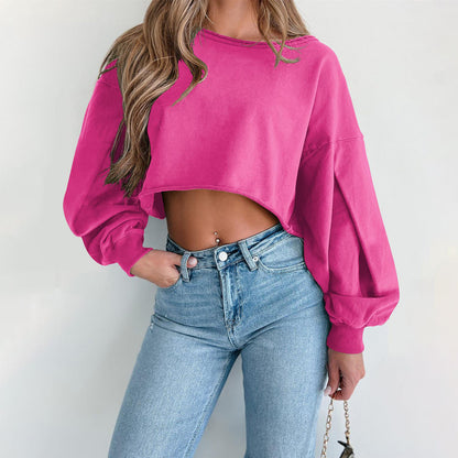 Women's Long-sleeved Navel-baring Short Curled Hem Round Neck Lantern Sleeve Sweatshirt Autumn And Winter Tops