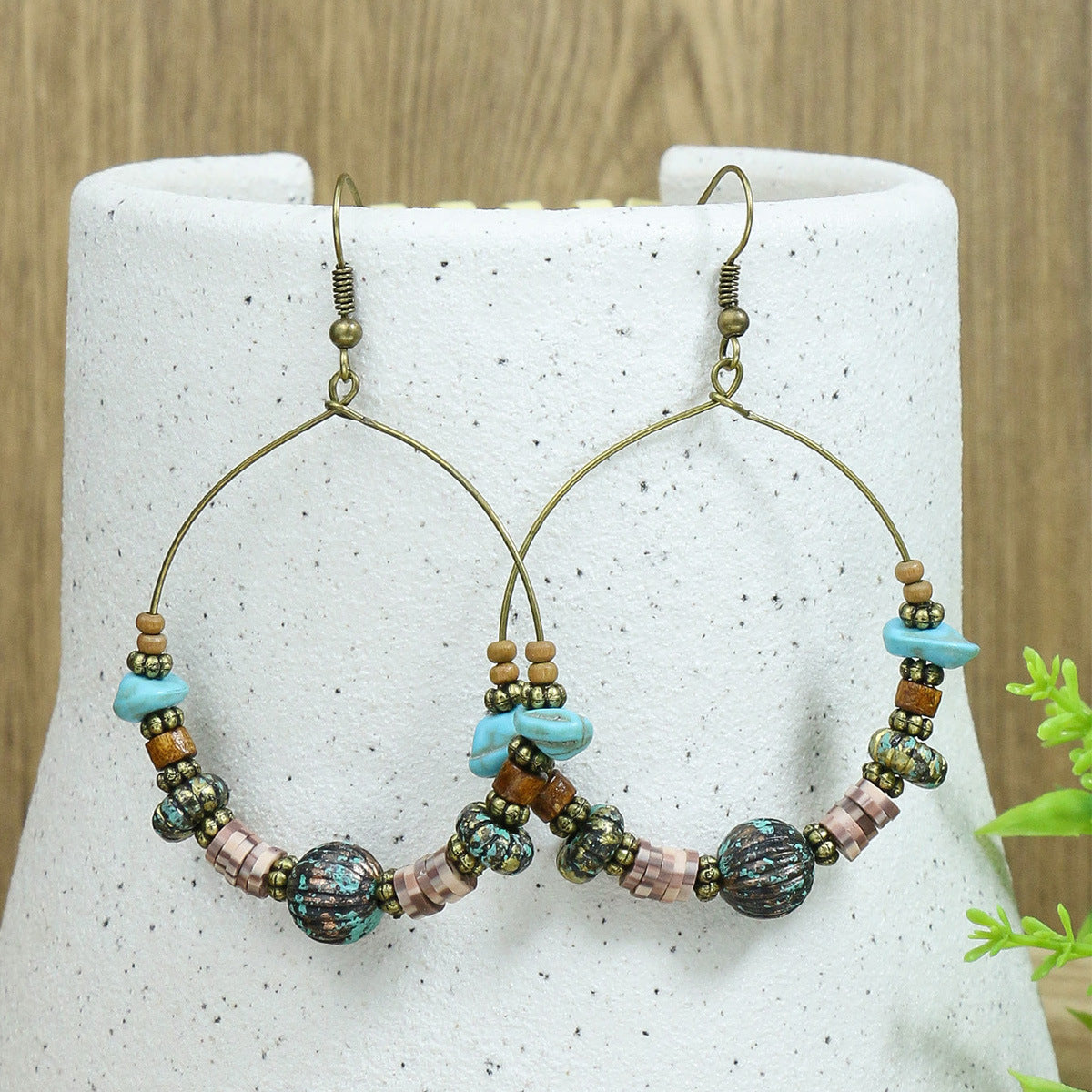 Women's Bohemian Wooden Bead Large Circle Earrings