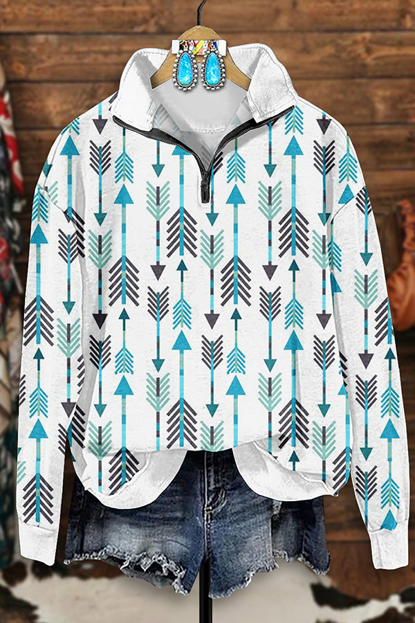 Retro Western Aztec Arrow Print Zip-Up Sweatshirt