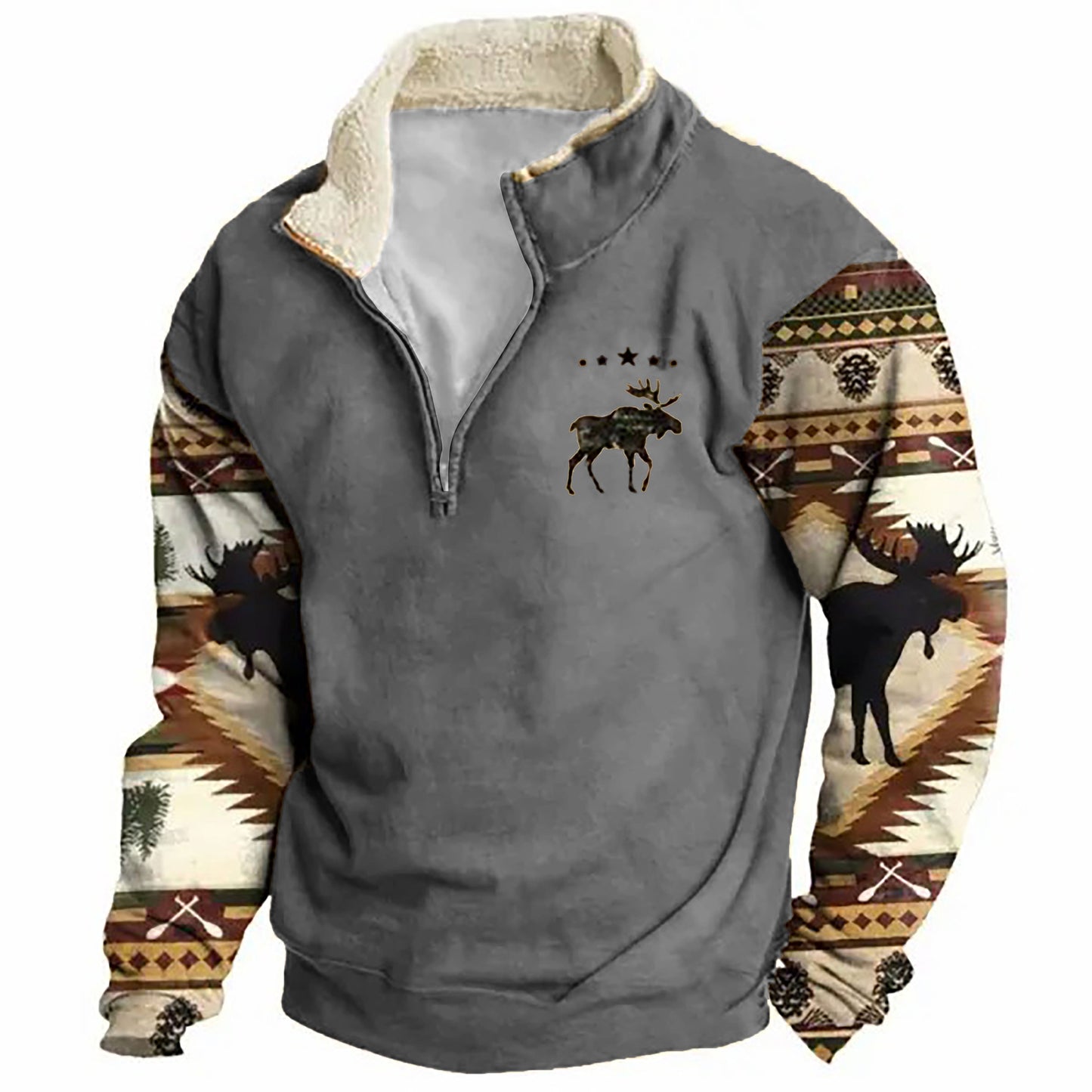 Men's Sweatshirt Retro Moose Creek Ethnic Print Plush Half Open Collar Pullover