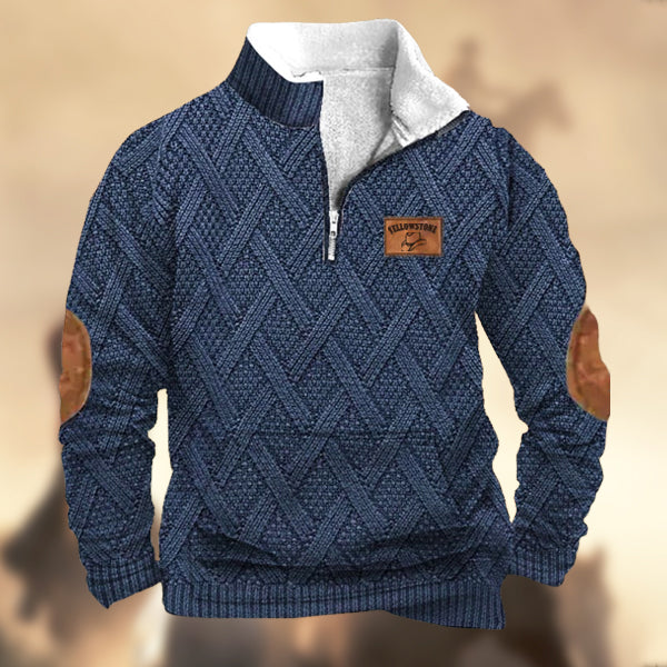 Men's Vintage Country Western Yellowstone Cowboy Hat Knitt Print Zipper Stand Collar Casual Kangaroo Pocket Sweatshirt