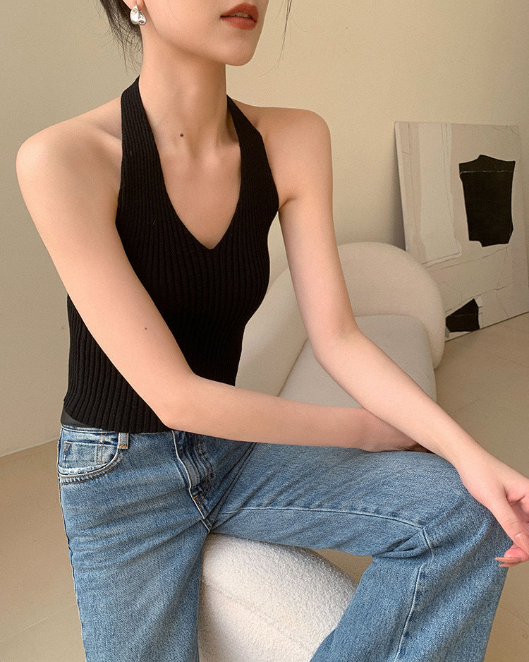 Halterneck Sleeveless Knitted Backless Tank Top