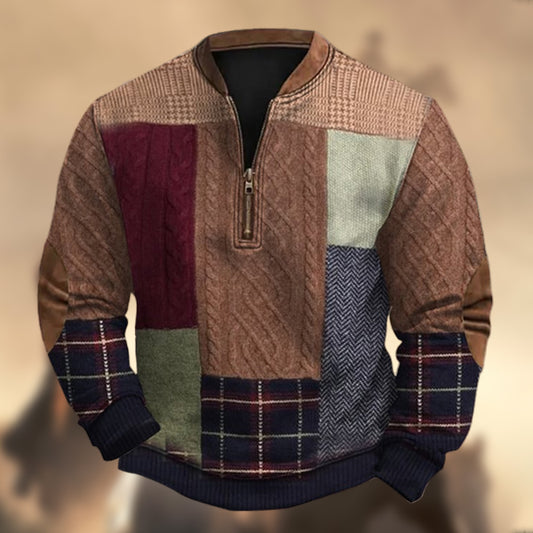 Men's Vintage Wool Kint Patchwork Print Zipper Stand Collar Casual Sweatshirt