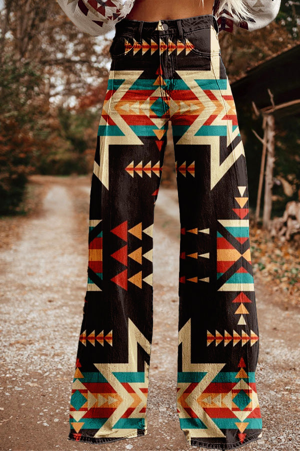 Retro Western Aztec Print Wide Leg Pants