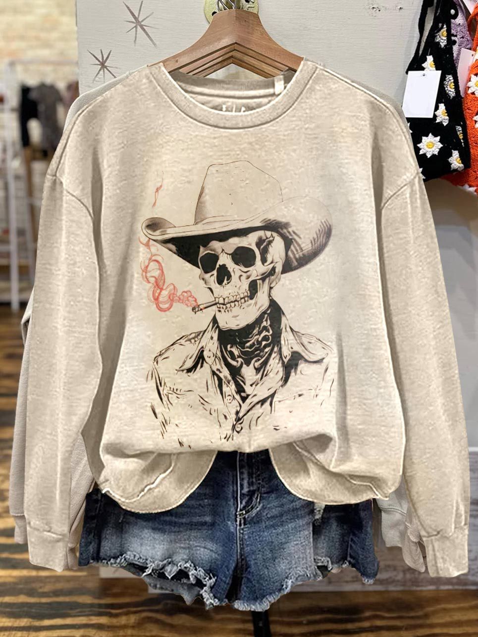 Skull Cowboy Print Casual Sweatshirt