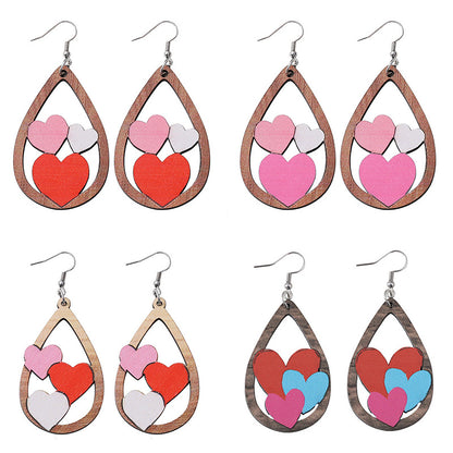 Valentine's Day Heart Patchwork Wooden Drop Earrings