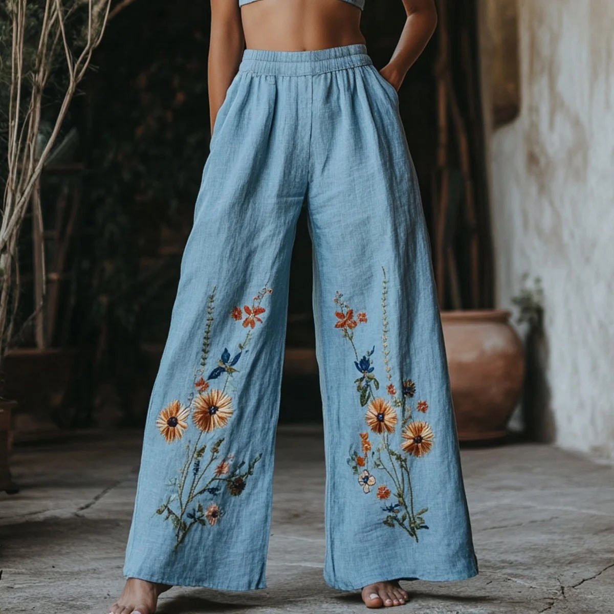 Women's Floral Embroidery Pattern Printed Linen Blend Casual Pants