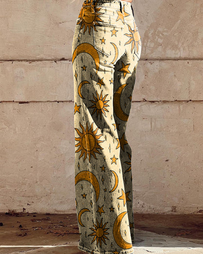 Women's Retro Hippie Sun and Moon Printed Wide Leg Pants