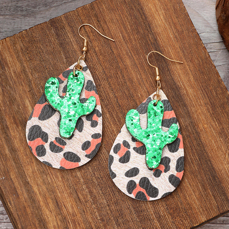 Vintage Leopard Print Cactus Drop Leather Earrings