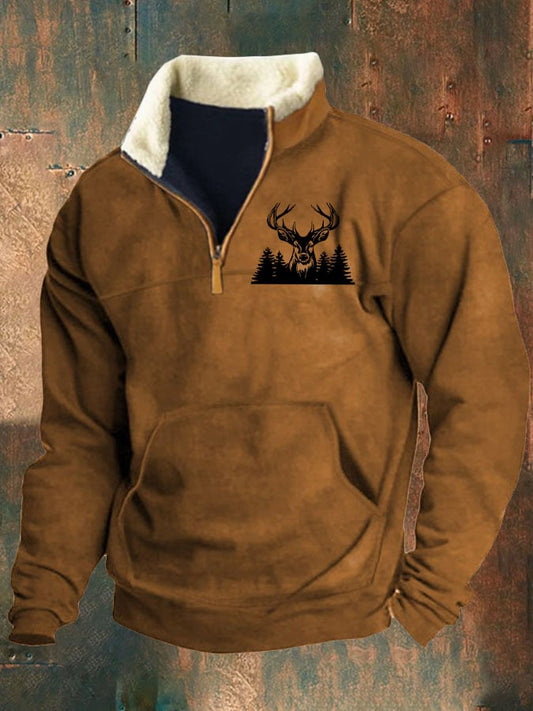 Men's Deer Forest Printed Stand Collar Button Sweatshirt