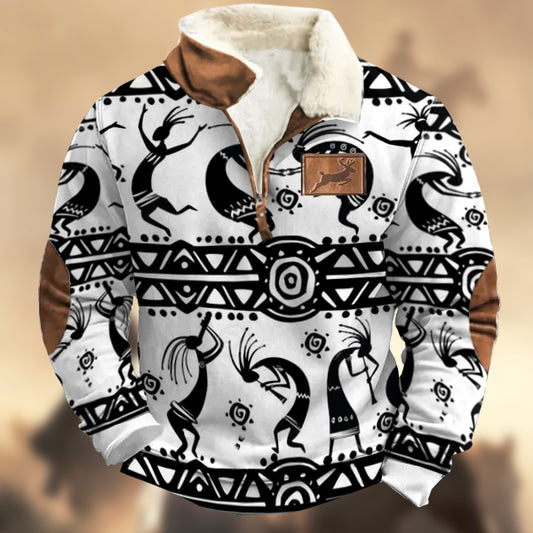 Men's Vintage Fleece Kokopelli Tribal Ethnic Prints Zipper Fur Collar Sweatshirt