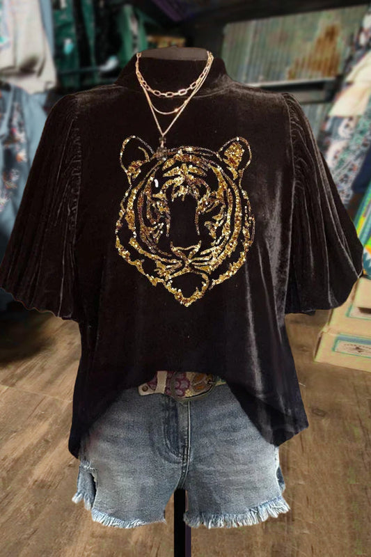 Glitter Tiger Print Puff Sleeve Velvet Top