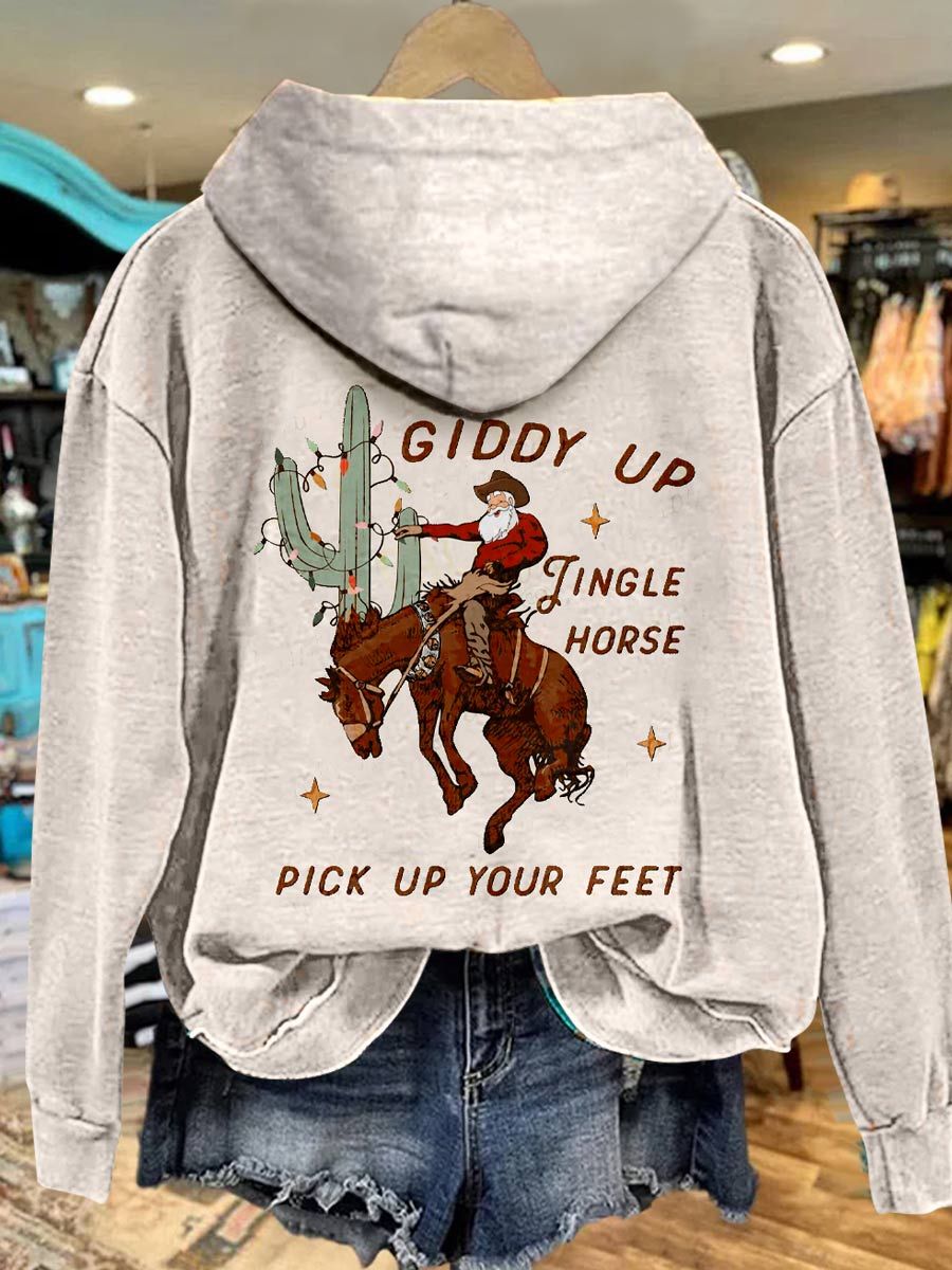 Christmas Cowboy Western Print Casual Hoodie Sweatshirt