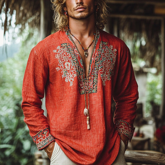 Men's Bohemian Holiday Style Vintage Linen Printed Casual Long Sleeve Top