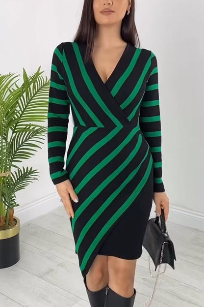 Women's elegant V-neck irregular hem contrast striped slim fit dress