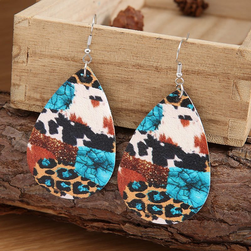 Vintage Western Leopard Leather Drop Earrings