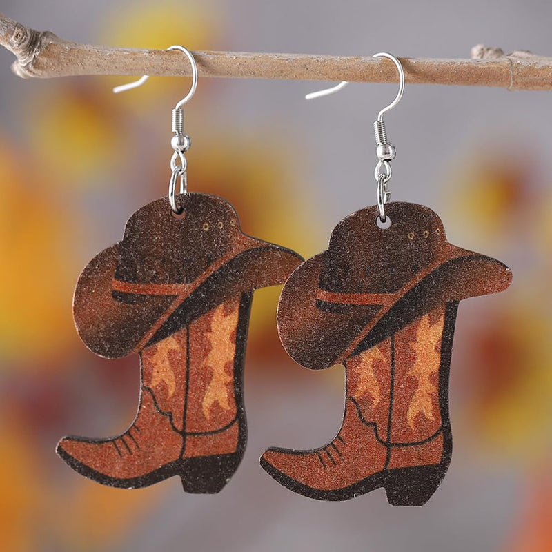 Western Cool Cowboy Hat Boots Wooden Earrings