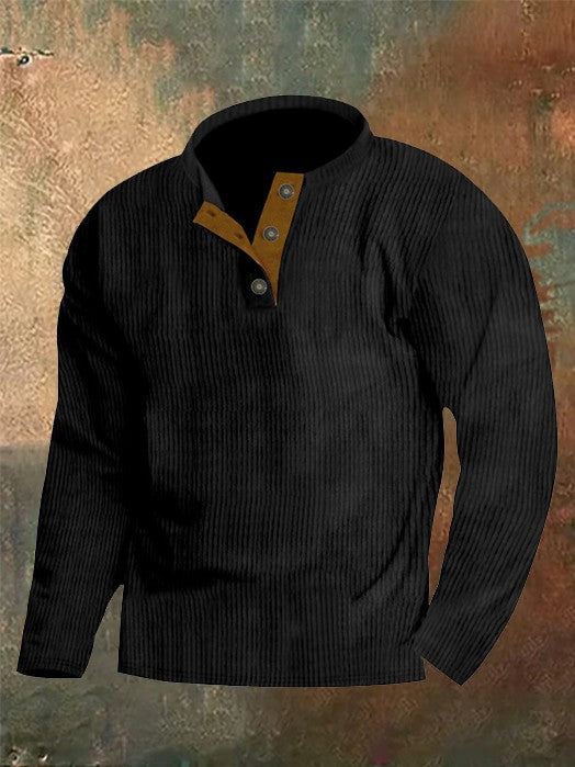 Solid Corduroy Stitching Button Up Round Neck Sweatshirt