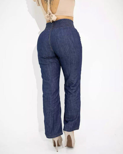 Straight Leg Casual Jeans With Elastic Waistband