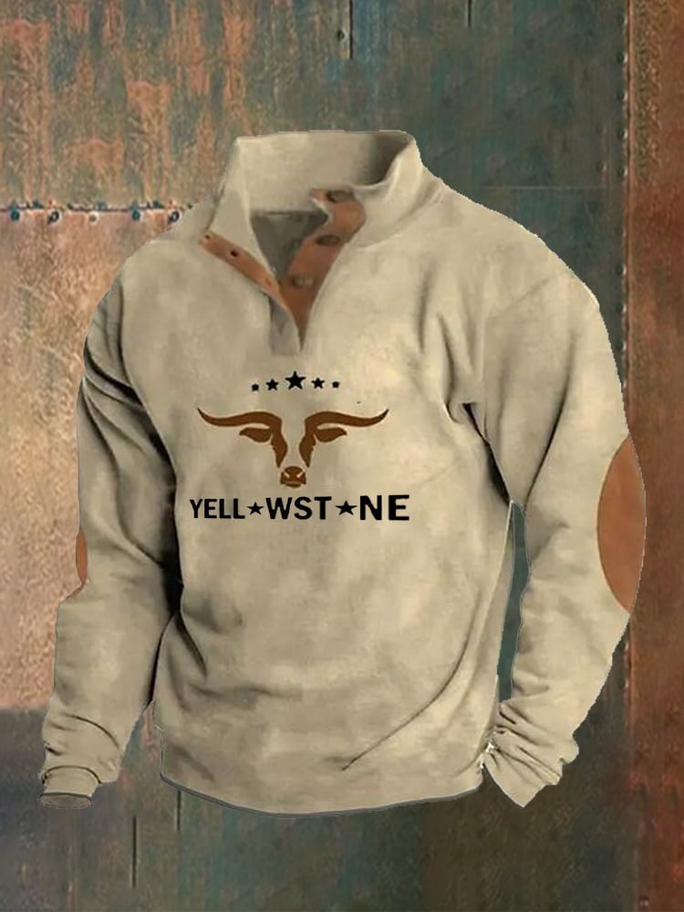 Men's Western Bull Head Print Stand Collar Button Sweatshirt