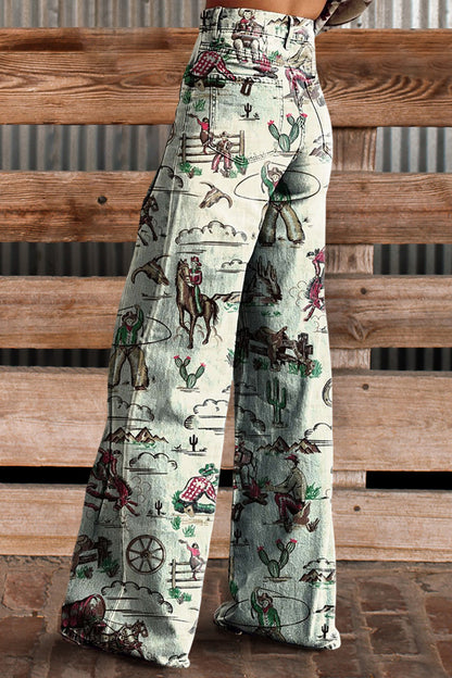 Vintage Printed Casual Wide Leg Pants