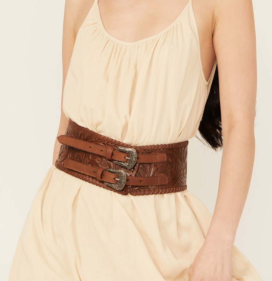 Women's Tooled Floral Double Buckle Wide Waist Belt