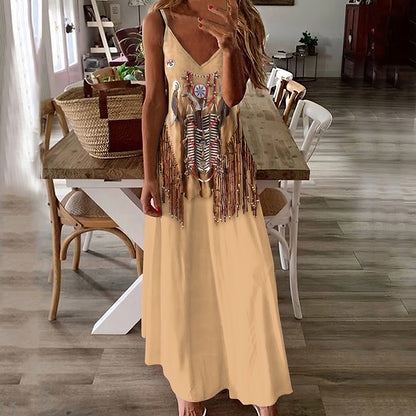 Western Vintage Tribal Tassels Maxi Dress