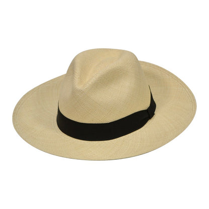 Genuine Panama Hat - Black Band - Wide Brim Classic Summer Fedora -  Natural Toquilla Straw - Handwoven in Ecuador - GPH - HatBox Included-FREE SHIPPING