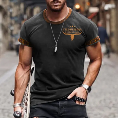 Men's Retro Western Ethnic Yellowstone Printed Pattern Short Sleeve Round Neck T-shirt