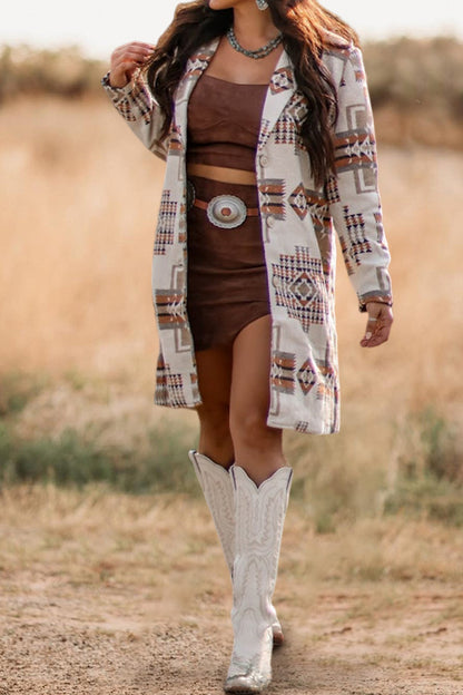 Retro Western Aztec Pattern Lapel Trench Coat