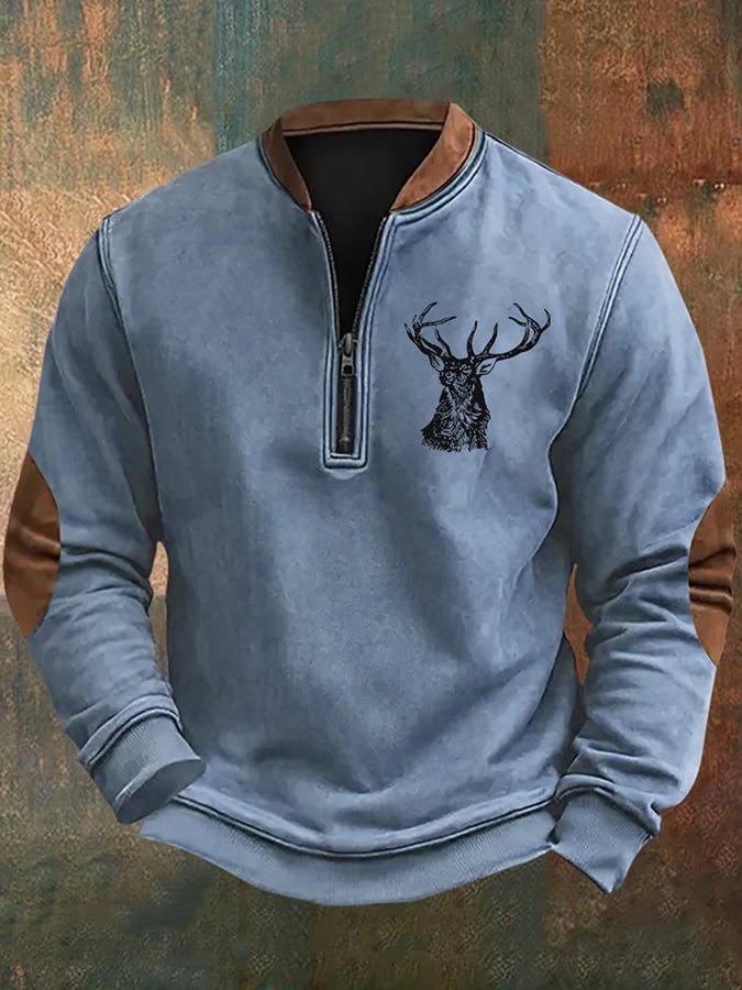 Men's Vintage Western Elk Print Zip-Up Sweatshirt