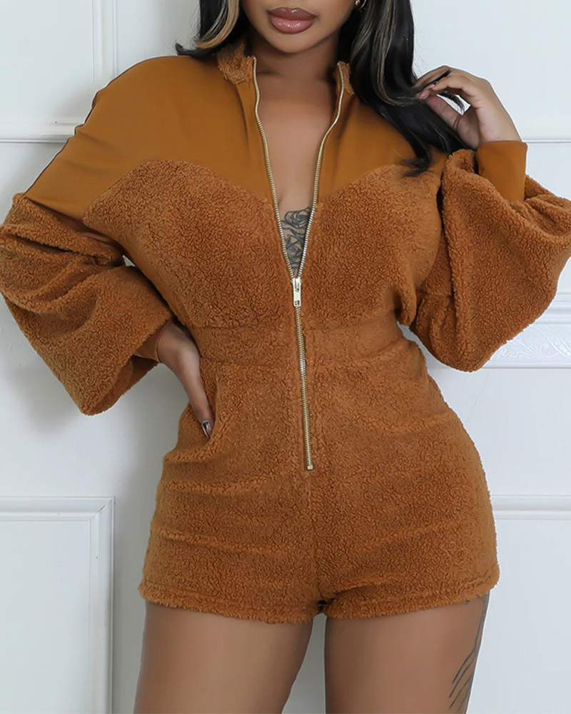 Fashion Zip-Up Long-Sleeve Jumpsuit Shorts