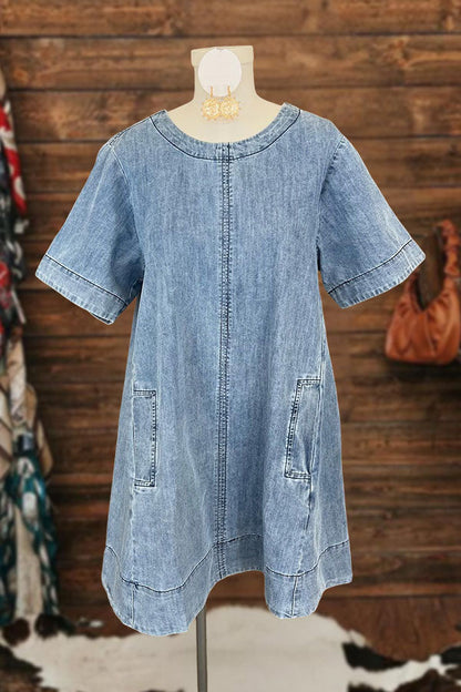 Simple Round Neck Pocket Mini Denim Dress