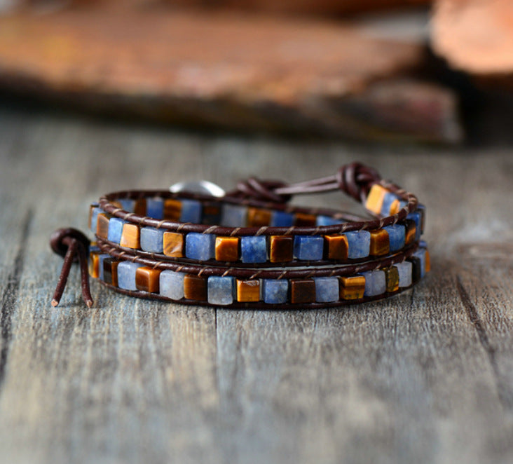 Unisex Vintage Leather Mixed Natural Stone Ethnic Bracelet