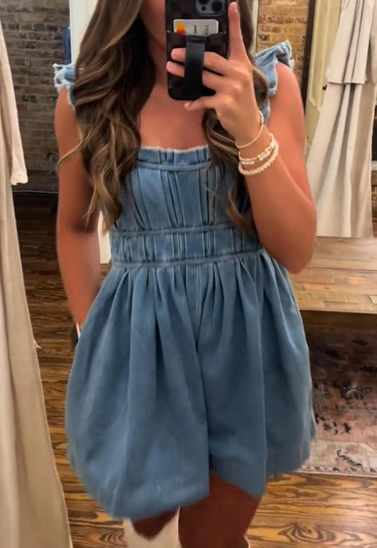 Casual Ruffles Sleeveless Denim Romper