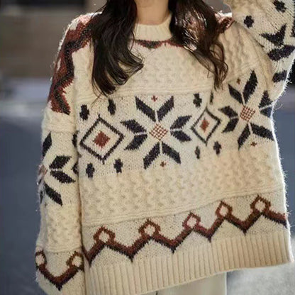 White Thick Tops Women Spring And Autumn Fair Isle Design Japanese Retro Temperament Sweater