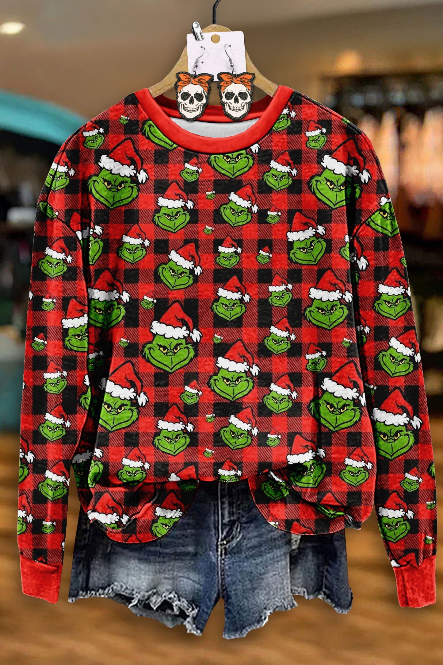 Christmas Grinch Plaid Print Sweatshirt