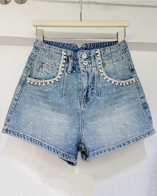 High-Waisted Diamond-Beaded Denim Shorts