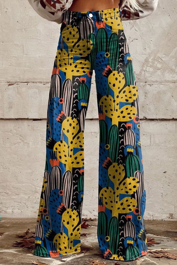 Retro Color Contrast Cactus Art Print Casual Wide Leg Pants