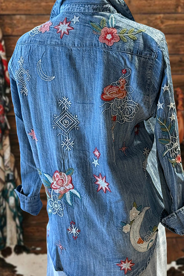 Pretty Floral Print Denim Shirt