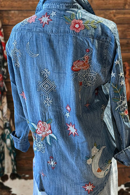 Pretty Floral Print Denim Shirt