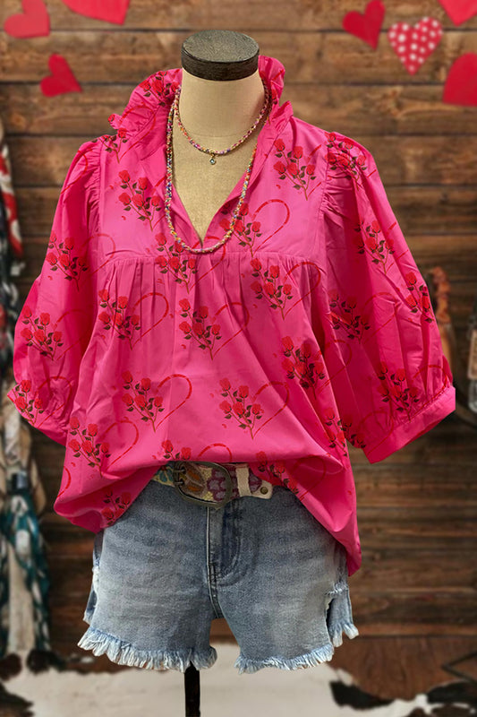 Romantic Rose Heart Print Blouse