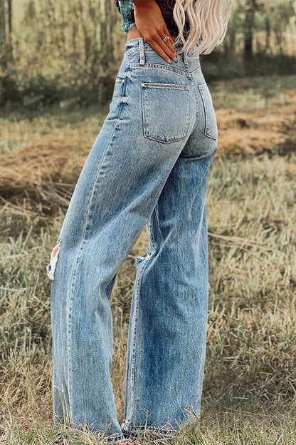 Vintage Washed Ripped Wide Leg Jeans